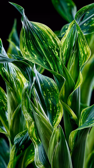 Macro botanical variegated leaves against a deep green background, ultra HD 8K foliage close up for iPhone lock screen.