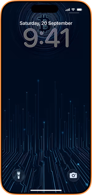 Wallpaper preview on iPhone 17 Pro Max running iOS 26 - Bitcoin Neon Circuit
