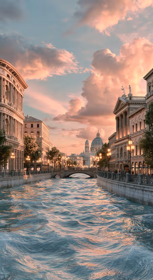 Cinematic Venice canal with classical buildings beneath a pink and teal sunset sky.