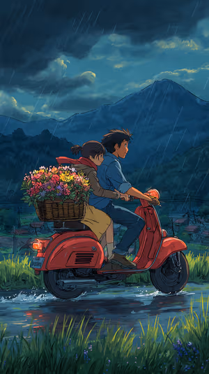 Anime style couple on a red Vespa riding a rainy twilight road, ultra HD 8K mobile background