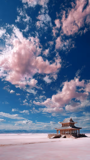Pastel minimalist pagoda centered on pale pink salt flat with vivid blue sky and soft pink clouds ultra HD image
