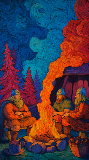 Woodcut style Norse campfire with three Viking warriors on an ember and midnight blue background in ultra HD.