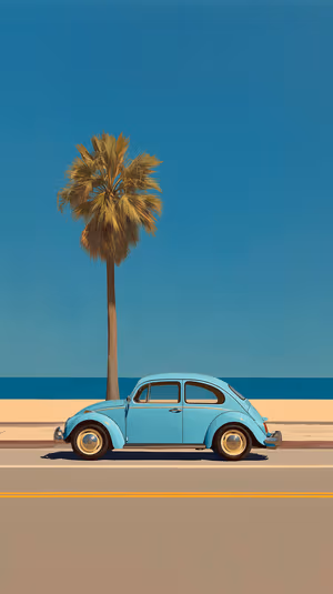 Retro minimalist vintage Beetle parked by a palm tree with teal ocean horizon; ultra hd 8K phone background.