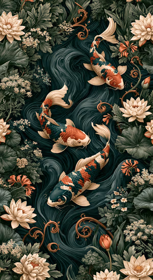 Vintage koi fish pattern centered on a deep green background in vintage botanical aesthetic.