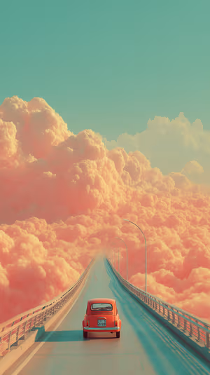 Surreal pastel aesthetic vintage red car on an elevated cloud highway beneath pastel pink and teal sky ultra HD image.