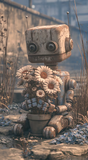 Vintage robot holding daisies against a muted blue and brown background in a nostalgic aesthetic.