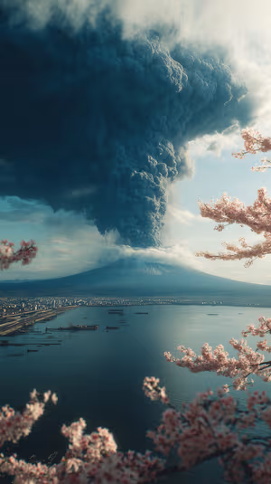 Cinematic volcanic eruption with cherry blossoms on pink teal background ultra HD 8K mobile background.