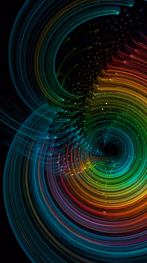 Abstract neon vortex centered on a black background with multicolor concentric rings and particle highlights, ultra hd image