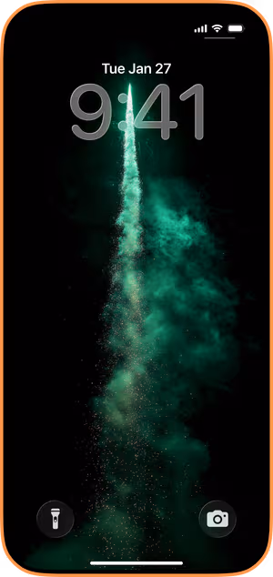 Wallpaper preview on iPhone 17 Pro Max running iOS 26 - Neon Rocket Plume