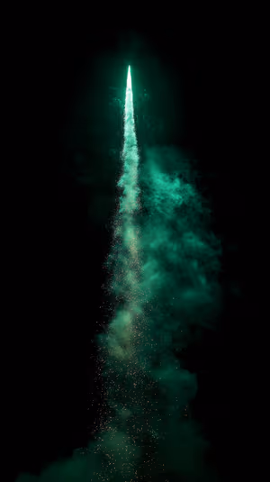 Dramatic neon minimalist rocket plume centered on a deep black background with glowing particle smoke ultra HD 8K mobile image.
