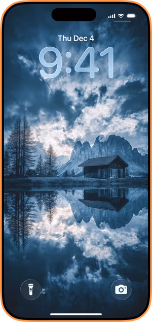 Wallpaper preview on iPhone 17 Pro Max running iOS 26 - Alpine Mirror Cabin