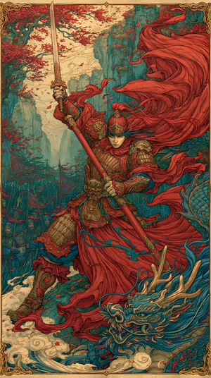 Intricate illustrative warrior with spear and dragon on red and teal background in ornate fantasy style.