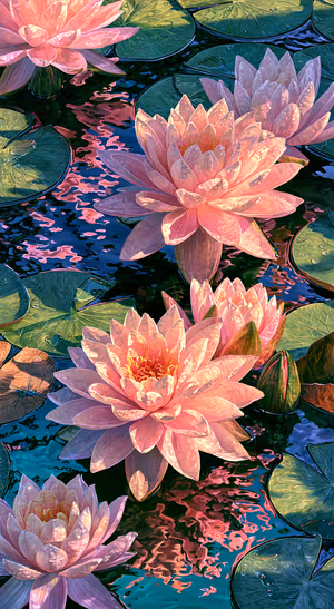 Painterly water lilies across a pink and teal background in a colorful floral aesthetic