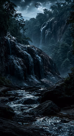 Cinematic moonlit waterfall centered on deep teal and charcoal background in a moody night aesthetic, ultra hd image