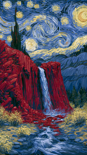 Post impressionist waterfall with swirling starry sky on blue, red, and yellow tones ultra HD iPhone background