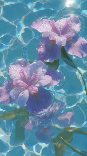 Botanical photo of floating purple iris on turquoise water with dewdrops and shimmering reflections, ultra HD 8K.