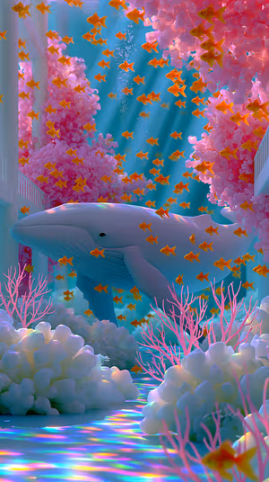 Dreamy 3D ocean scene with a white whale and orange goldfish on a pink teal pastel background, ultra HD image.