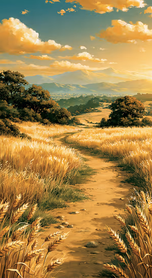 Painterly mountain landscape centered on a golden wheat field with a teal sky aesthetic.