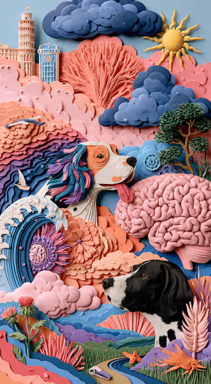 Whimsical Papercraft Dog Scene — iPhone lock screen wallpaper