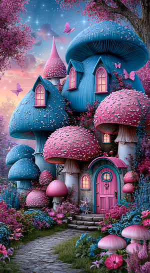 Whimsical mushroom fairy house in pink and blue tones with butterflies under a starry sky