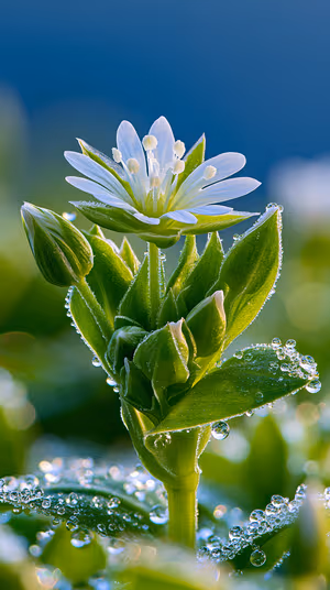 Macro photo of a dew kissed white bloom centered on a green background with morning dew and soft blue bokeh, ultra HD.