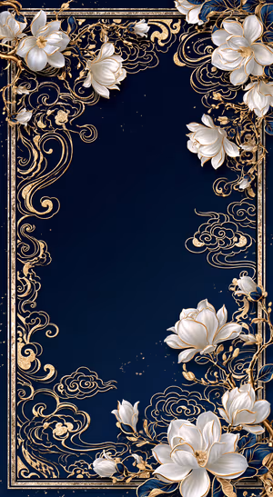 Ornate white magnolia flowers on a navy background with gold filigree framing