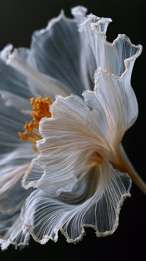 Macro white flower in ethereal style with cream and gold tones, translucent frilled petals on dark background, ultra hd image