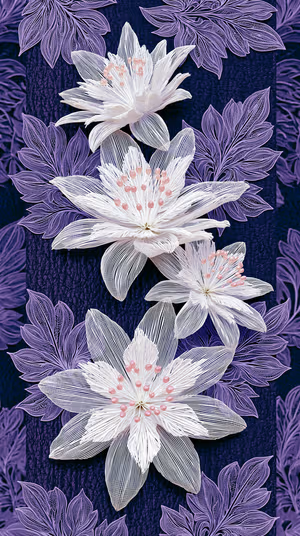 Ornamental lace trio of white flowers on deep purple textured background in delicate line art aesthetic, ultra HD