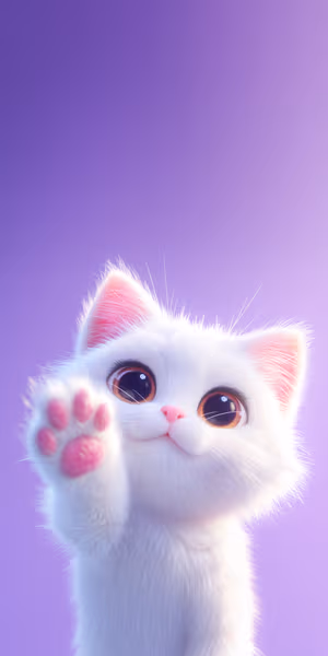 Cute minimalist white kitten centered on a soft purple gradient background in a playful, fluffy aesthetic ultra HD 8K.