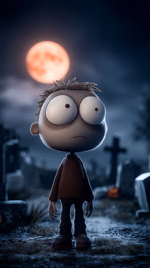 3D cartoon wide eyed boy centered on a blue gray graveyard background with a warm orange moon, ultra HD image