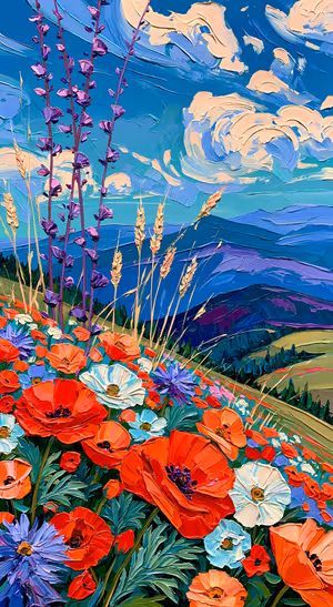 Impressionist wildflower landscape in vibrant coral and purple on a blue mountain background