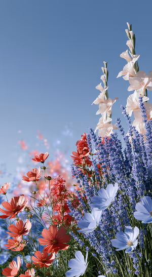 Dreamy wildflower meadow arranged against a blue sky background in a soft floral aesthetic.