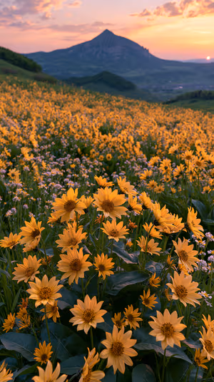 Photographic landscape wildflower meadow centered on a golden yellow sunset background in serene nature aesthetic ultra hd 8K.