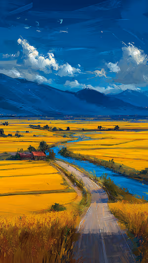 Painterly winding road through golden fields with blue river, sunlit gold and textured brushstrokes ultra hd 8K background