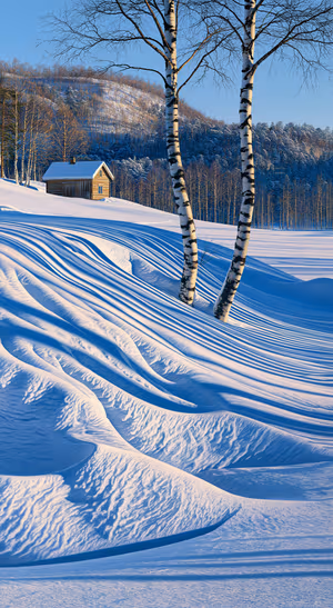 Realistic snowy birch cabin landscape in cool blue tones with sculpted snowdrifts and winter forest.