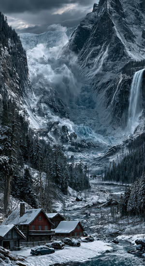 Dramatic snowy mountain village with waterfalls and gray storm clouds in a winter aesthetic