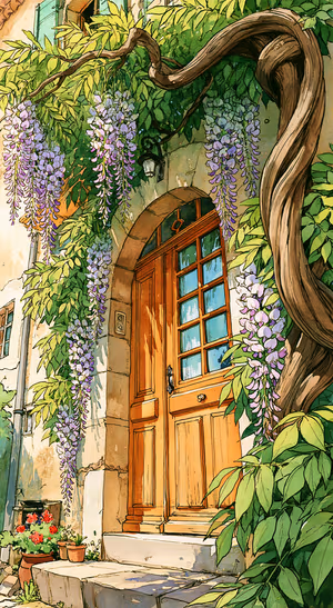 Watercolor wisteria doorway framed by a gnarled tree on a green and purple background.