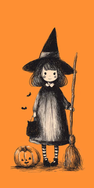 Hand drawn sketch of a smiling witch centered on an orange background in a playful minimalist aesthetic, ultra HD image
