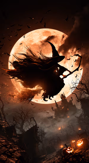 Gothic witch centered on a burnt orange moonlit background in gothic aesthetic.