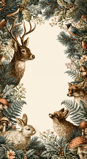 Vintage woodland animals arranged around a cream background in a green botanical aesthetic.