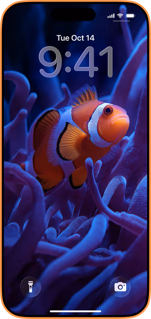 Wallpaper preview on iPhone 17 Pro Max running iOS 26 - Neon Reef Clownfish