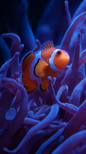 Neon macro clownfish centered on purple blue background with glowing anemone tentacles ultra HD mobile image
