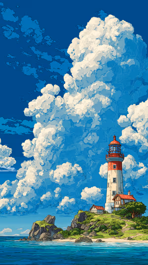 Cinematic illustration of a lighthouse on a rocky shore with turquoise sea and towering cumulus clouds ultra HD wallpaper