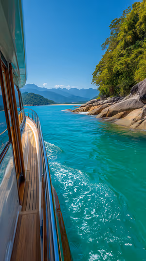 Sunlit photographic yacht deck centered over turquoise water and tropical shore ultra HD 8K background.