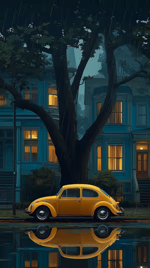 Cinematic painterly yellow Beetle parked on a teal rainy street with puddle reflection, ultra HD 8K phone background.
