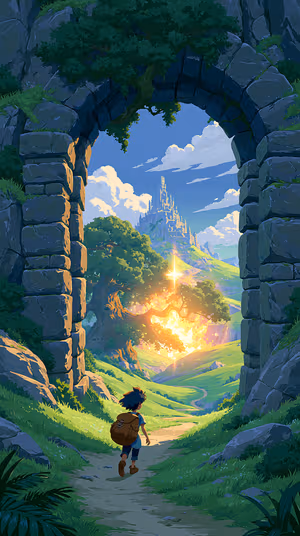 Anime style fantasy young adventurer centered on a green and gold landscape in a whimsical painterly aesthetic, ultra HD image