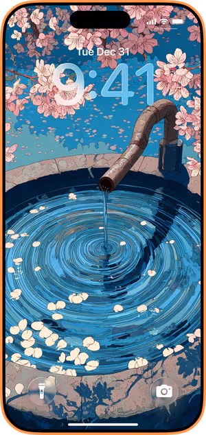 Wallpaper preview on iPhone 17 Pro Max running iOS 26 - Sakura Fountain