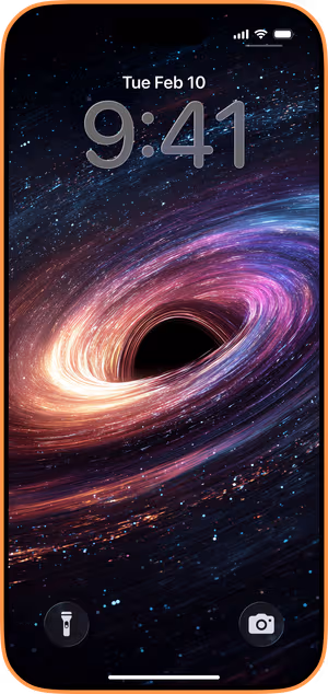 Wallpaper preview on iPhone 17 Pro Max running iOS 26 - neon cosmic vortex