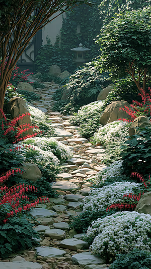 Zen garden path centered on a lush green background with white blooms in a tranquil Japanese style aesthetic, ultra HD background.