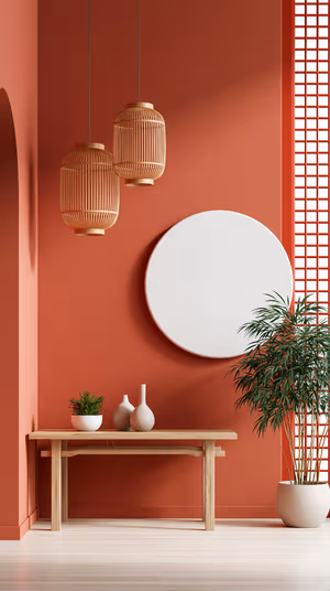 Minimalist zen interior with round mirror, rattan lanterns and wooden bench on a terracotta background, ultra HD
